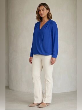 LUSH Faux Wrap High Low Blouse M Indigo